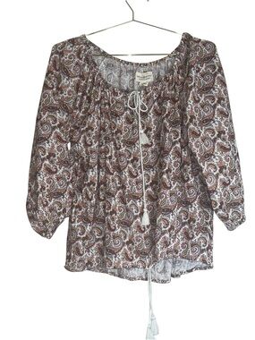 Denim & Supply Ralph Lauren Brown and White Paisley Boho Peasant Top Sz L